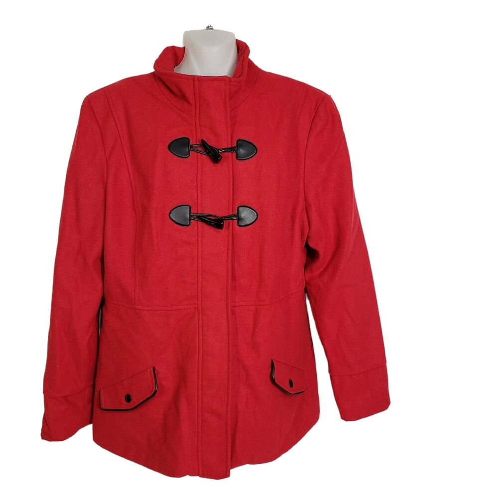Rampage Womens Peacoat Size XL Red Toggle Full Zip Pockets Animal Print Lining